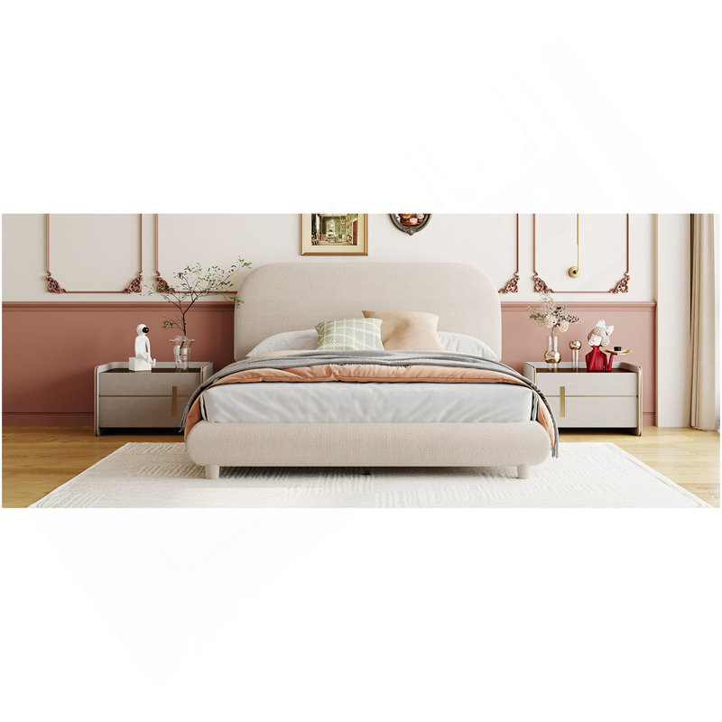 Lit plateforme en tissu d'ameublement Teddy, Beige, Lit double
