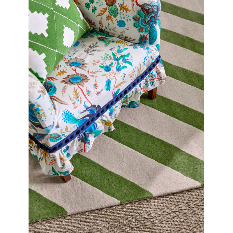 Hand Tufted Wool Striped Area Rug in Peridot/White, Rectangle 5'7" x 7'10"