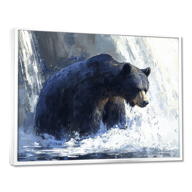 Ours à la cascade Edge III - Art mural pour salon, H 16 po x l 32 po, Cadre flottant, Blanc