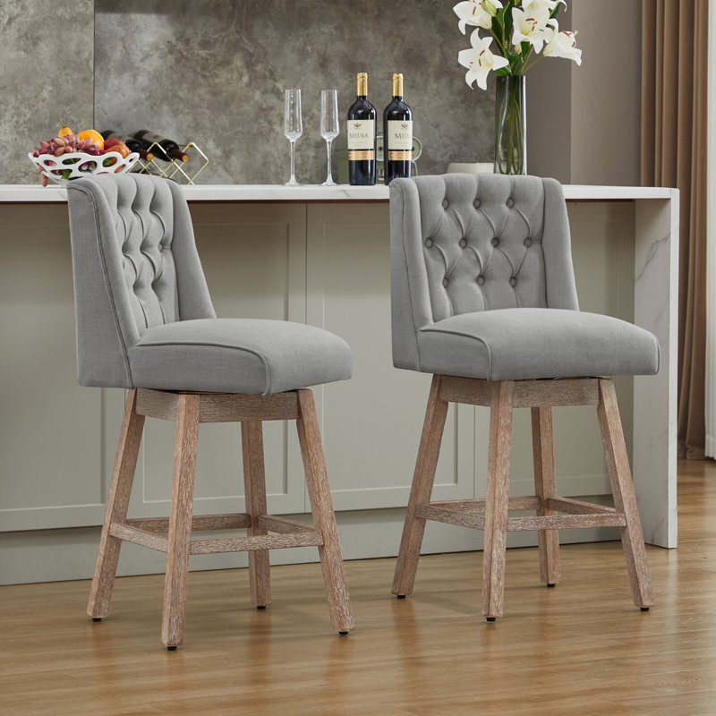 Terron 360° Swivel Upholstered Bar Stools with Wood Legs, Gray, Counter Stool (26" Seat Height)