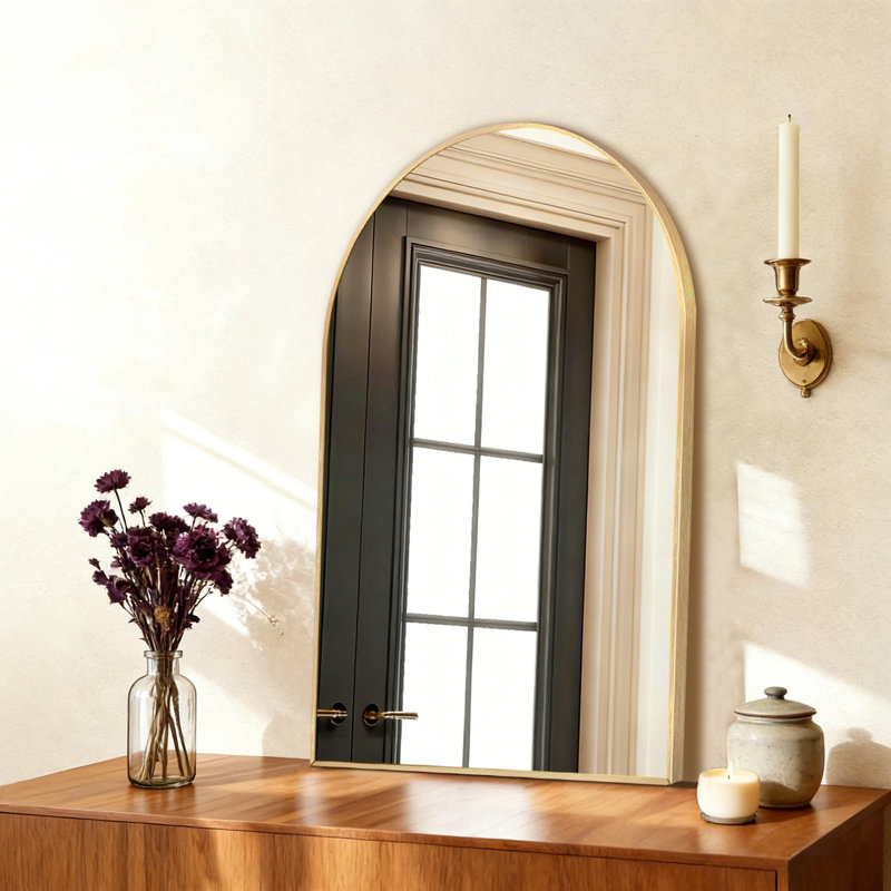 Juny Arched Bathroom Aluminium Arch Wall Mirror, Brushed Gold, 2