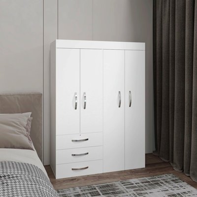 Adjustable Armoire, Rods, Double Door Cabinet, Three Drawers, Two Shelves White