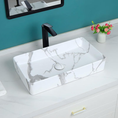 Davivy 24" x 13.4" Large Marbling White Rectanglar Vessel Sink Above Counter for Bathroom