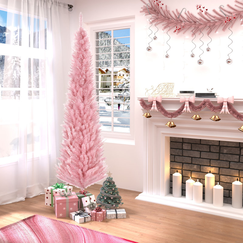 Sapin de Noël artificiel de 1,5 m, mince et élancé, avec 294 branches réalistes et un support métallique pliable, rose., 5'