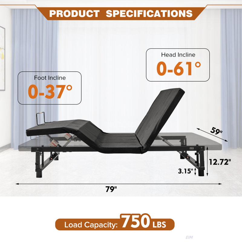 Adjustable Bed Base Frame Head And Foot Incline Quiet Motor Twin XL Size Zero Gravity (Bed), Queen