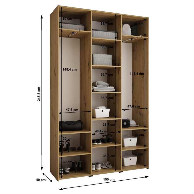 3 Door Manufactured Wood Wardrobe, white matt + handles: gold, 245,5 H x 150 W x 40 D
