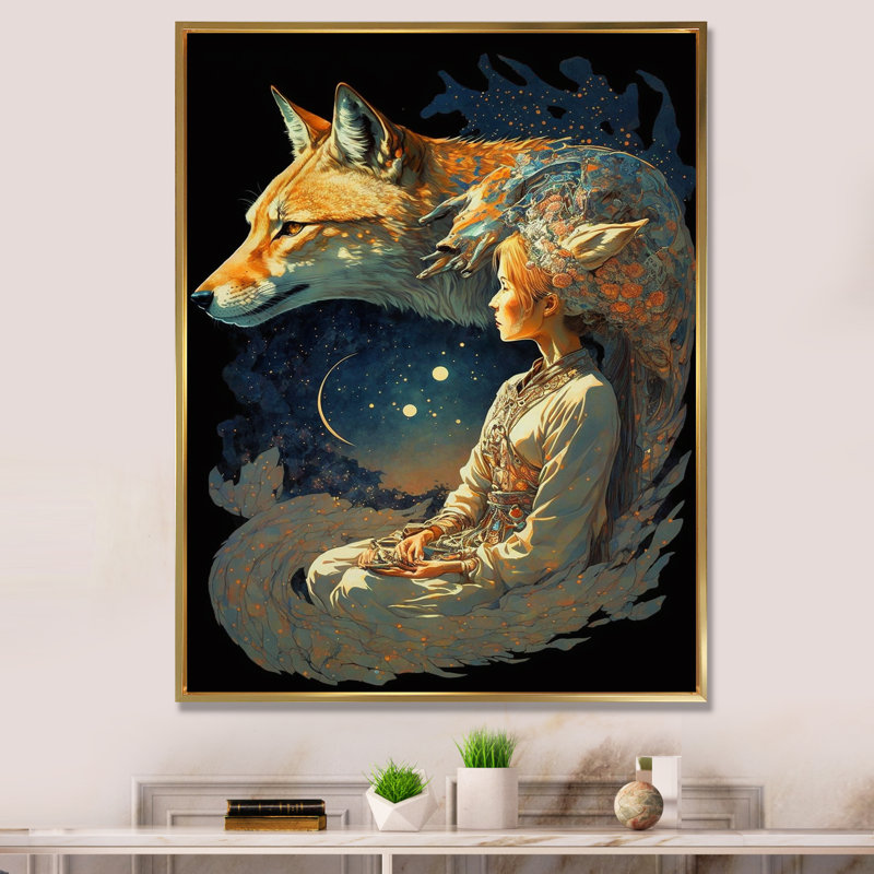Cosmic Fox avec femme mystique I - impression, 44" H x 34" W, Cadre flottant doré