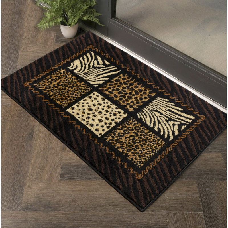 2 Ft. X 3 Black Multi Animal Print Rug Featuring Zebra And Tiger Motifs, Machine-Made, Mountain Lodge Rustic Style, Stain , For Home, 100% Polypropylene Rectangle Area In With Patterns, Wild