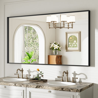 Miroir de meuble-lavabo avec cadre en alliage d'aluminium noir mat et verre trempé HD idéal pour la salle de bain, le vestibule et le salon