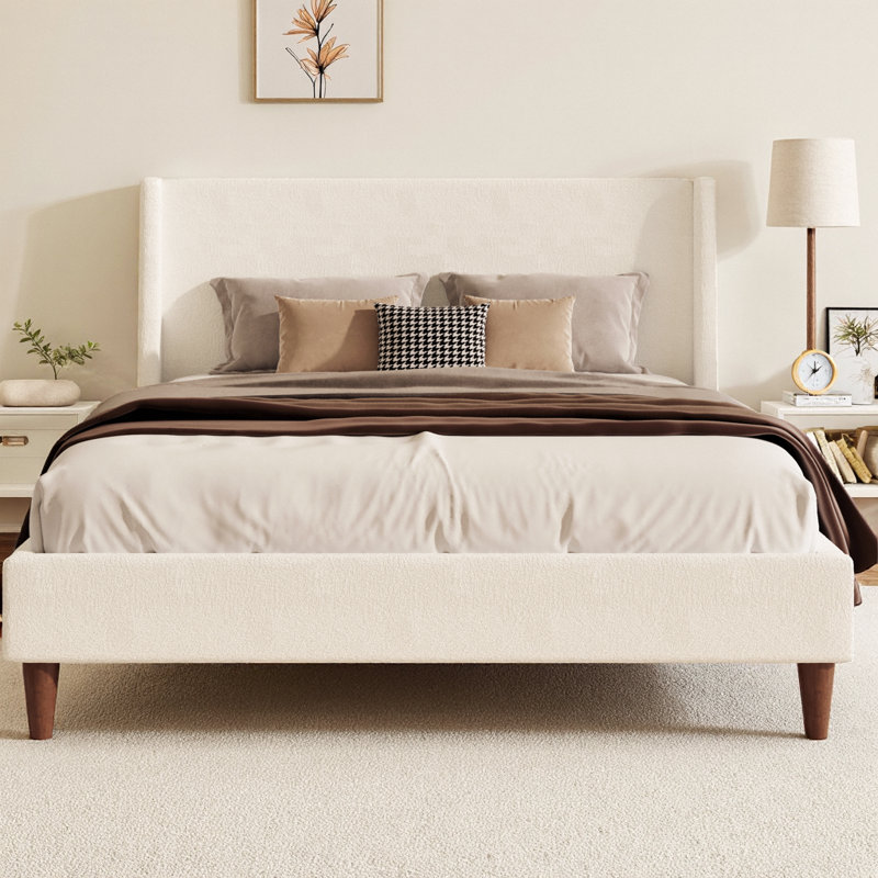 Modern Ivory Boucle Upholstered Platform Bed with Wingback Headboard and Walnut Wooden Legs, No Box Spring Needed with Wood Slat Support, 600 lb Capacity