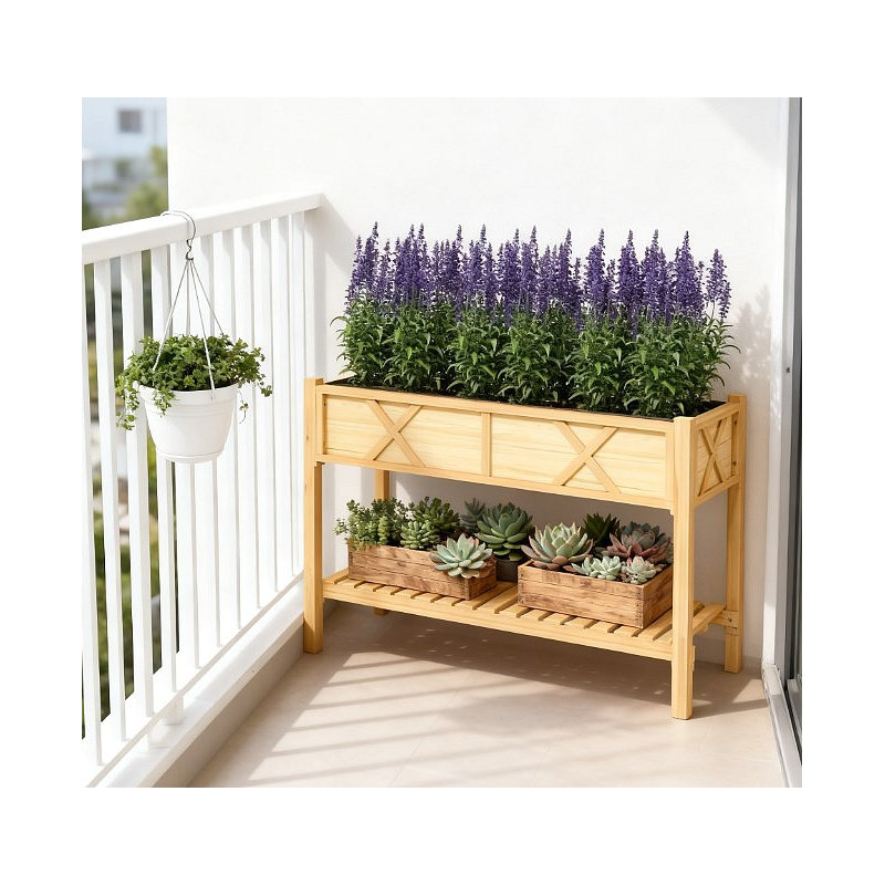 Dual-Tier Elevated Wood Planter Box,Raised Garden Bed,With Storage Shelf,Drainage Holes,And Liner, Natural Wood