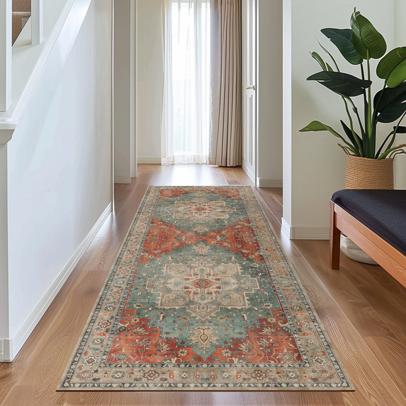 Transitional Rust/Teal Machine Washable Non-Slip Area Rug, Runner 2' x 7', Rust/Teal