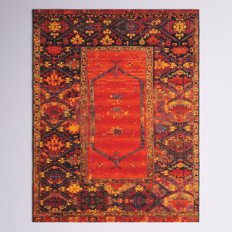 Tapis oriental rouge / jaune / noir intérieur / extérieur Gurrola, Rectangle 7 pi 10 po x 10 pi