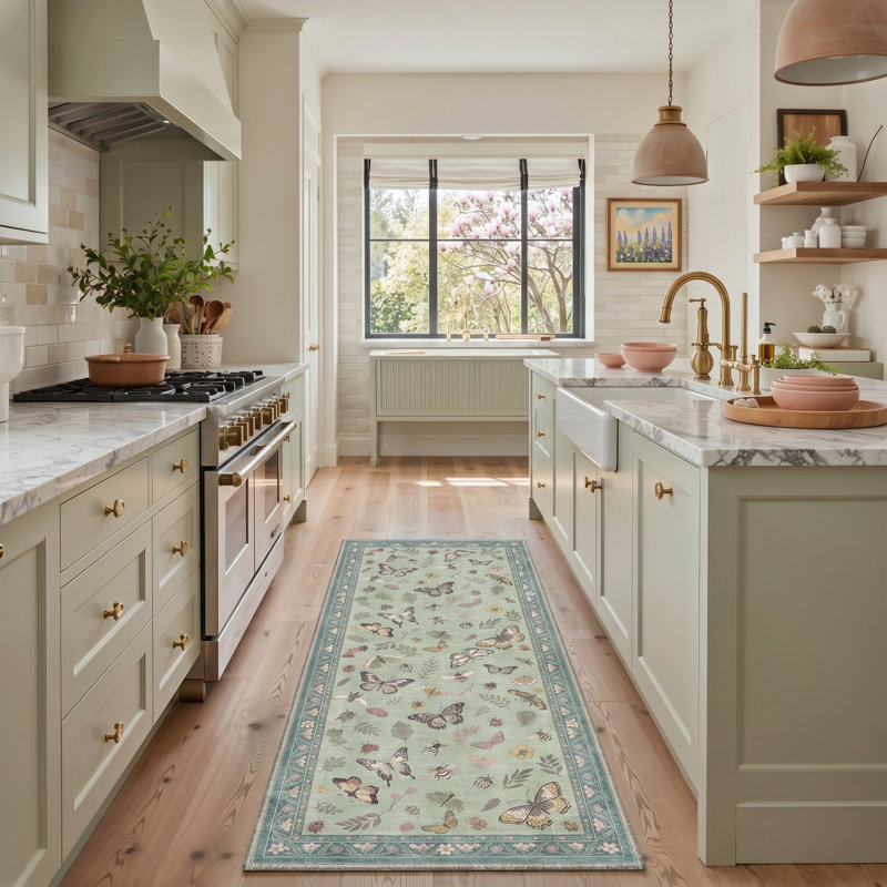 Green Butterfly Bee Botanical Machine Washable Non Slip Stain Resistant Runner Rug, Runner 2' x 6'