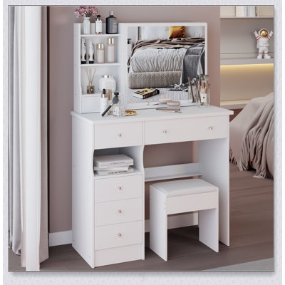 Coiffeuse de 37 pouces avec miroir coulissant extra large, rangement multicouche et tabouret rembourré pour les grands espaces