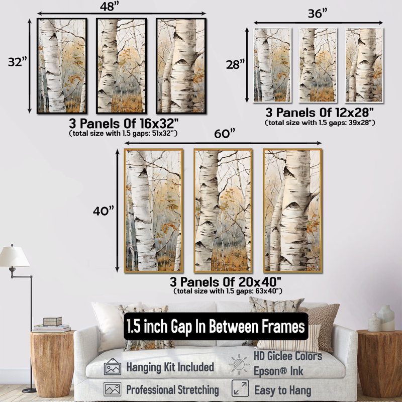 «Beige Silver Birch Tree Beauty III», ensemble de reproductions d'art mural, H 32 po x l 48 po, Cadre flottant érable