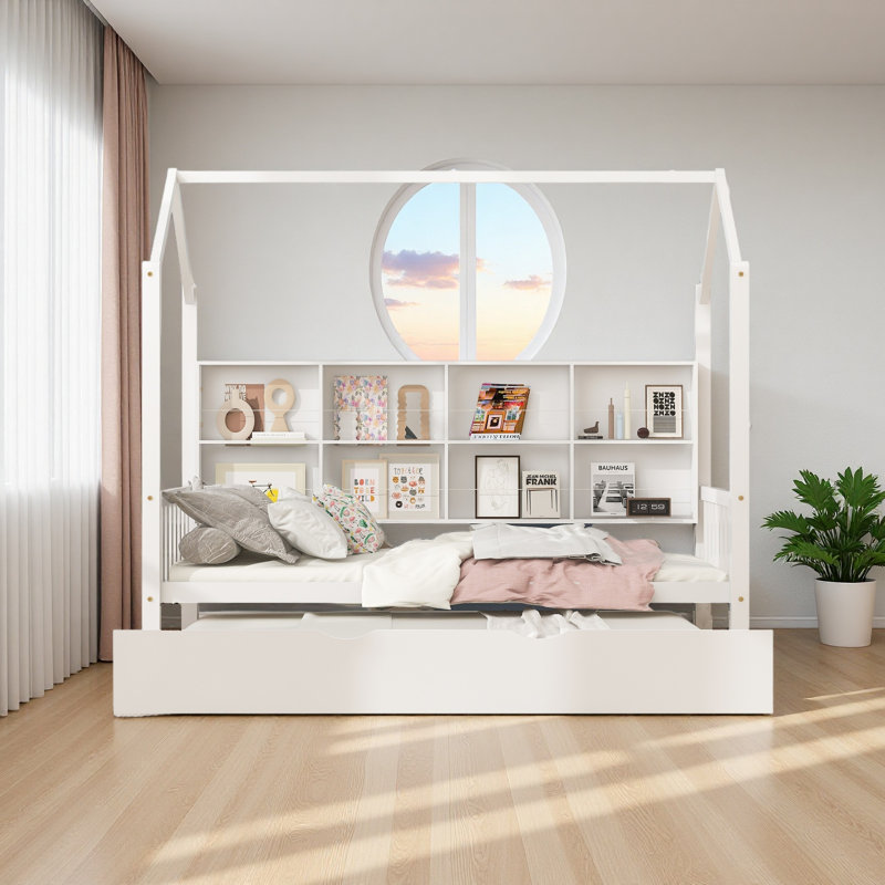 Wooden House Bed With Trundle,Shelf, Twin