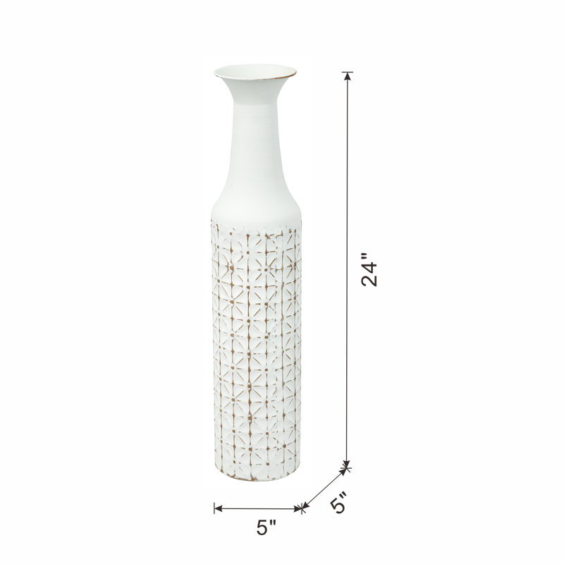 24" H x 5" W x 5" D White Iron Vase With Geometric Motif, 24" H x 5" W x 5" D