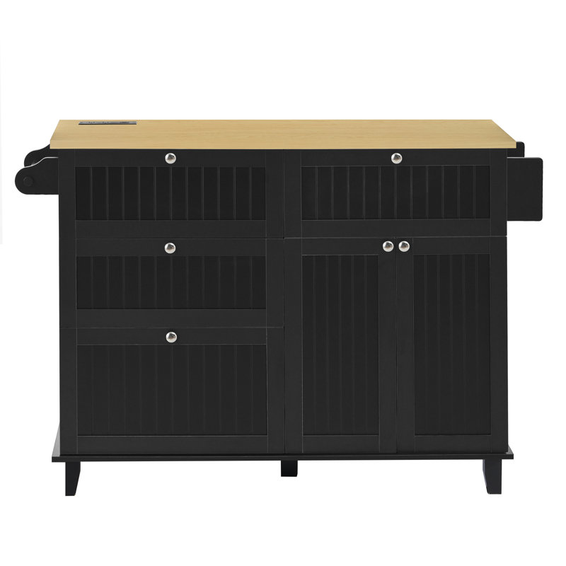 Farmhouse Kitchen Island with Drop Leaf and 2 Seatings, Kitchen Table Set with Storage Cabinet, Drawers, Door Shelves and Power Outlet