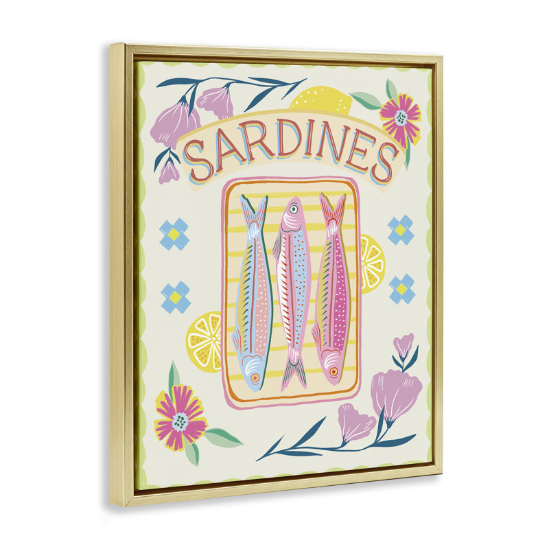 Cadre flottant pastel sardines et fleurs, design par Jo Reid, H 21 po x l 17 po, Cadre flottant métallique doré
