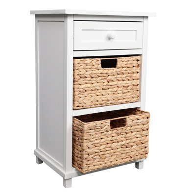 Malibu 26 in. H Rustic Handcrafted Water Hyacinth and Acacia Wood Accent Storage Nightstand with Drawer and 2 Woven Baskets, White