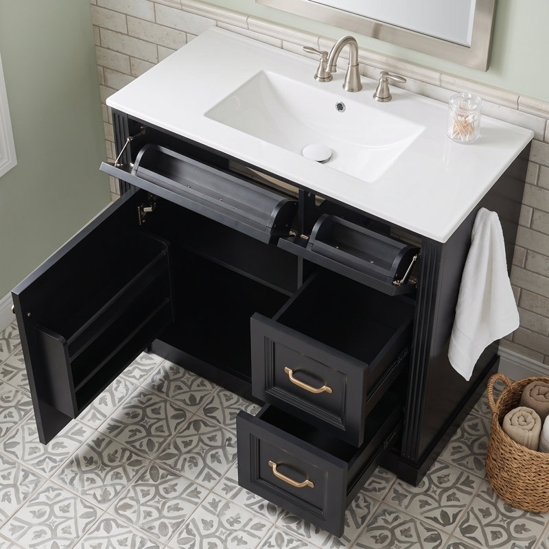 Meuble-lavabo autoportant à un lavabo de 91 cm (36 po) en noir, avec comptoir en céramique et porte d'armoire à fermeture amortie