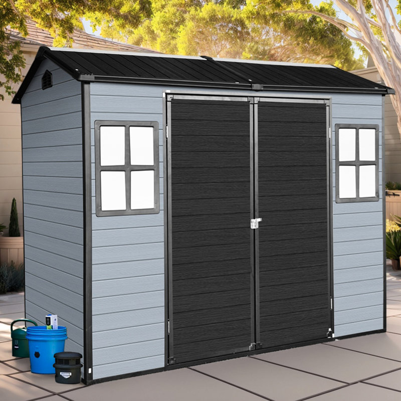 Remise extérieure en plastique 8 x 4 pi avec 2 fenêtres, porte verrouillable, pour le rangement sécuritaire des outils de jardin, vélos - gris + noir, intempéries, assemblage rapide facile