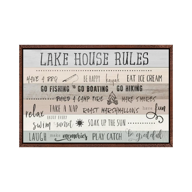 Lake House Rules - Print on Canvas, 66.04 cm H x 45.72 cm W, Classic Brown Wood Framed