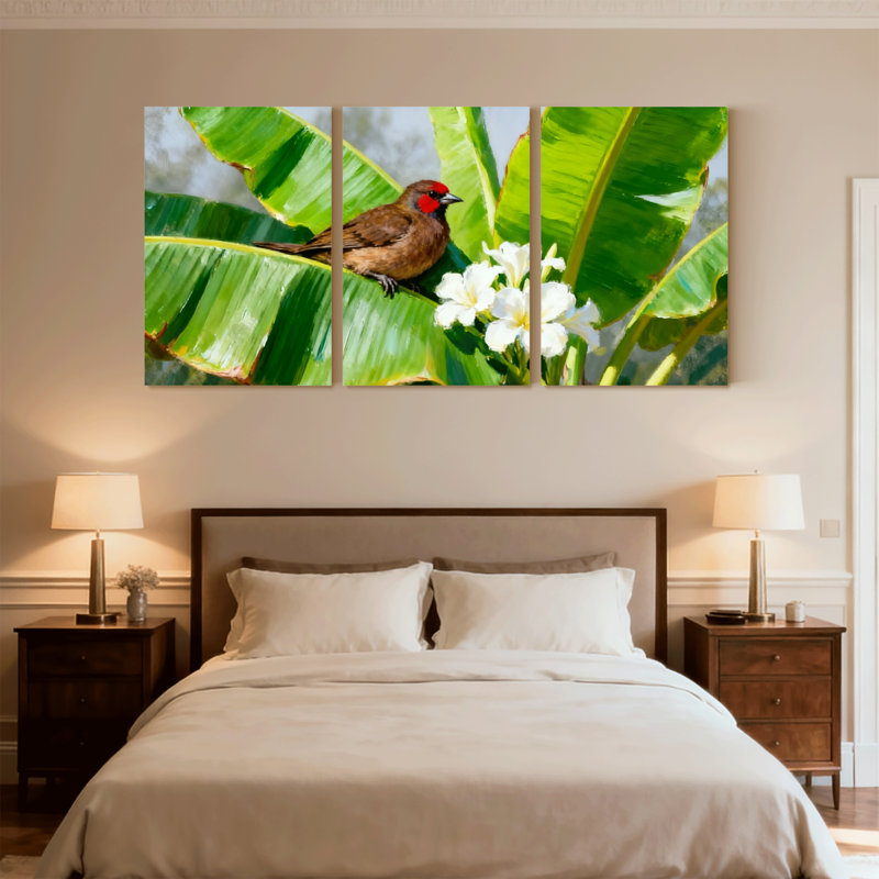 Oiseaux perchés sur une feuille de bananier avec des fleurs blanches, ensemble de 3 impressions sur toile, H 18 po x l 36 po