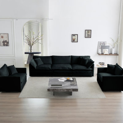 Chenille noire de 3 - 1 + 1 + 3 sièges, matériau, confortable pour tout salon avec revêtement de chaises d'appoint, base en bois massif, respirant, espace