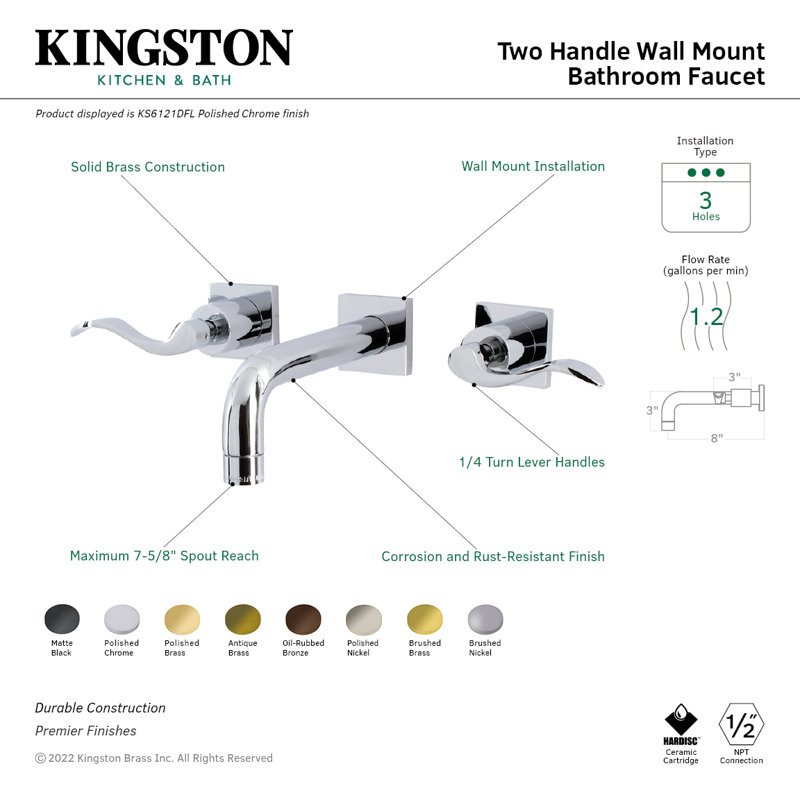 Kingston Brass Concord Two-Handle 3-Hole Wall Mount Bathroom Faucet, Matte Black, Lever Curly