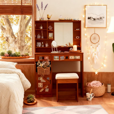Bureau de coiffeuse avec miroir lumineux, station de charge, tabouret, tiroirs et armoire latérale - Ensemble de coiffeuse brun rustique avec rangement Farmhouse