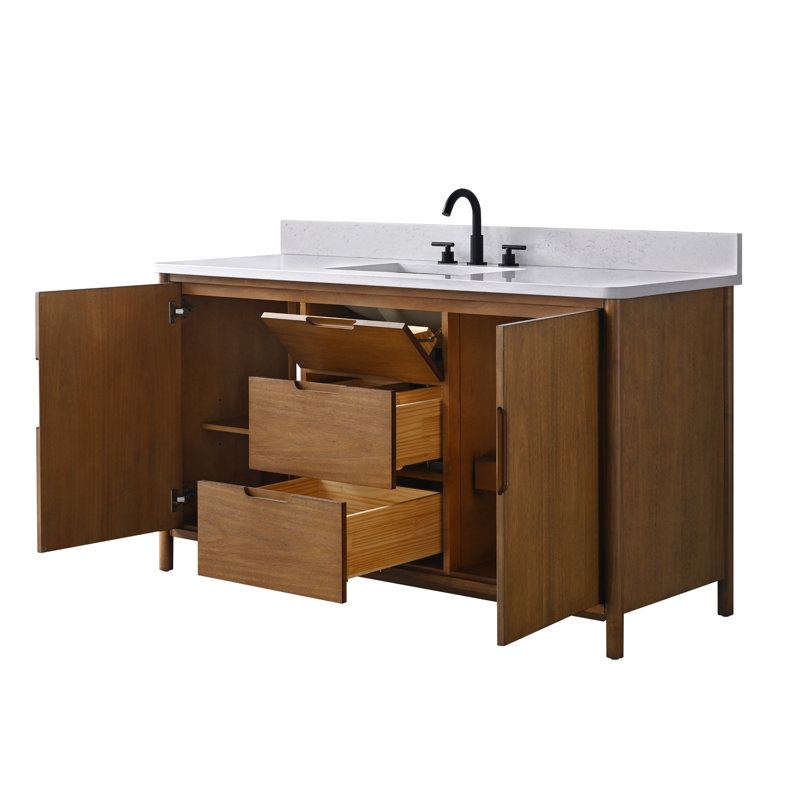 Meuble-lavabo autoportant de 60 po avec plateau en pierre Milano Mist, tablette dissimulée et support pour sèche-cheveux, 60