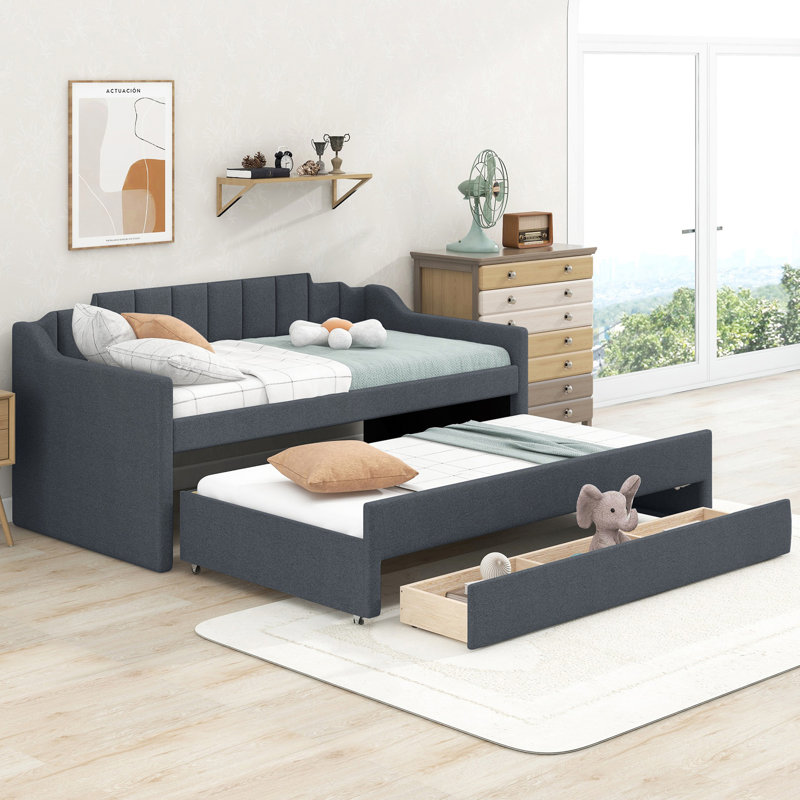 Twin Size Upholstered Daybed With Trundle And Three Drawers, Guest Bed, Gray