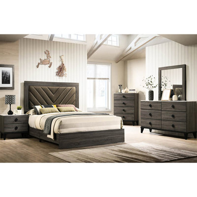 Queen Bed In Dark Gray Oak With Rustic Charm, Fabric Upholstered, Assembly Required