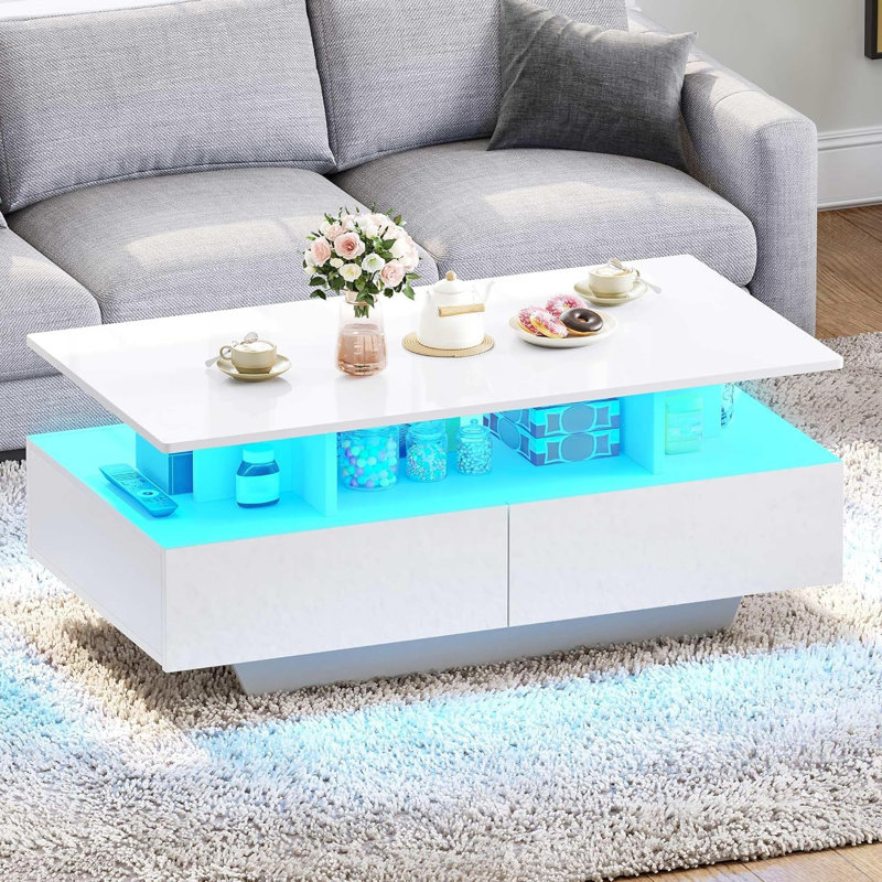 Table basse avec rangement, table rectangulaire blanche moderne ultrabrillante avec 4 tiroirs coulissants et tablette ouverte