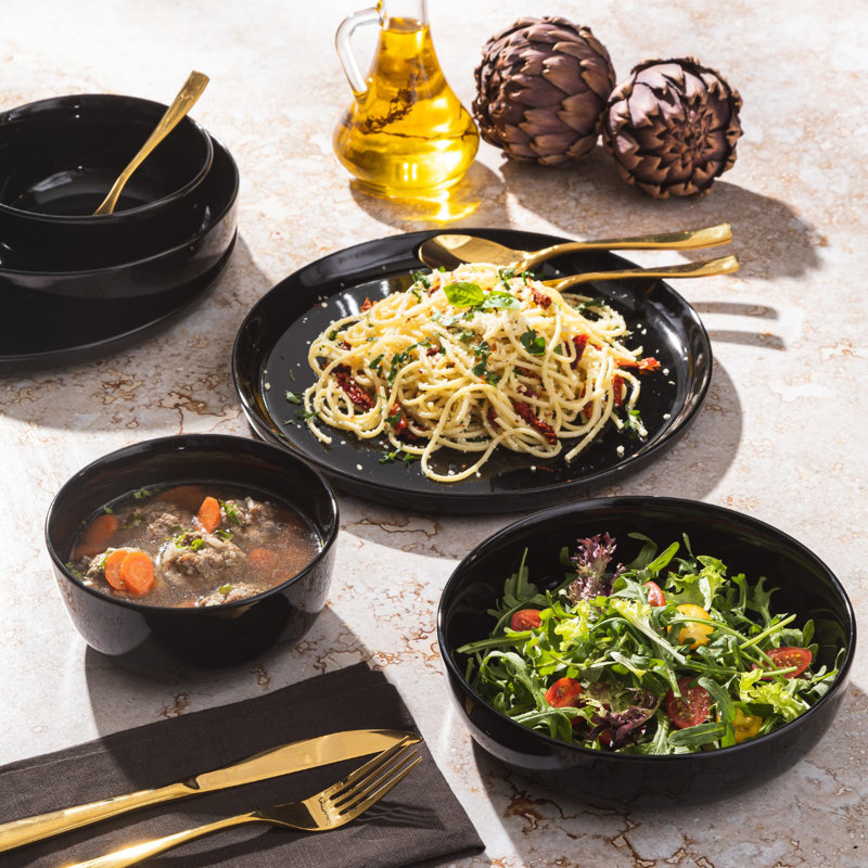 Black Porcelain Floral 12-Piece Dinnerware Set