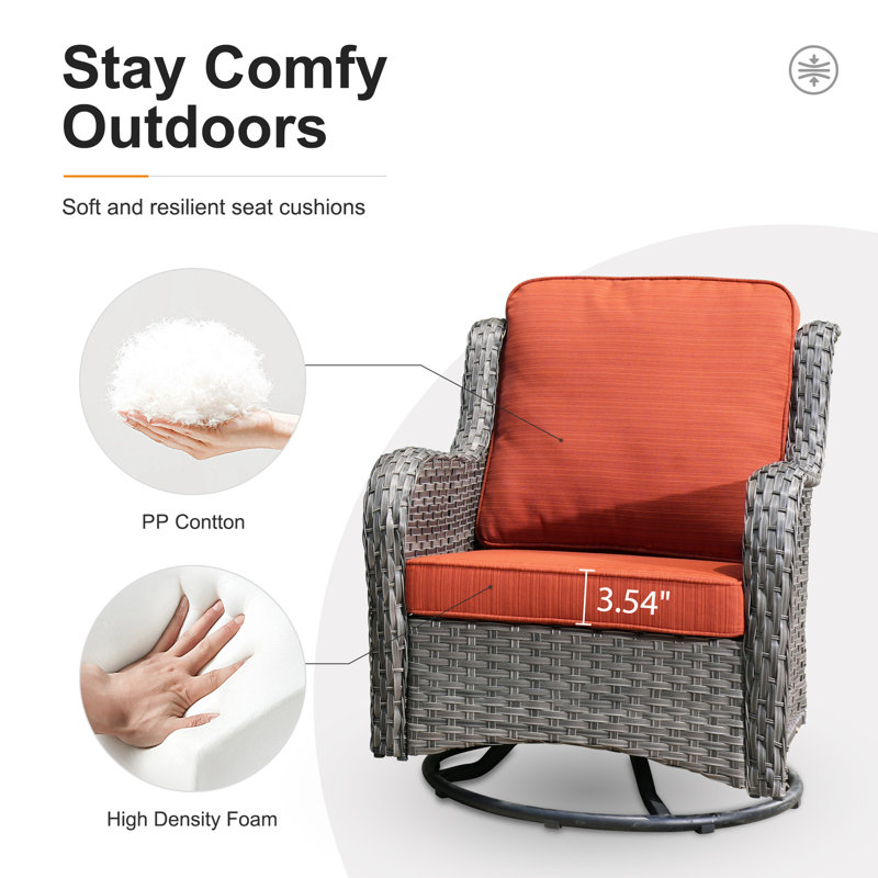 Rocking Swivel Patio Wicker Lounge Chairs With Cushions And Table, Gray, Orange Red