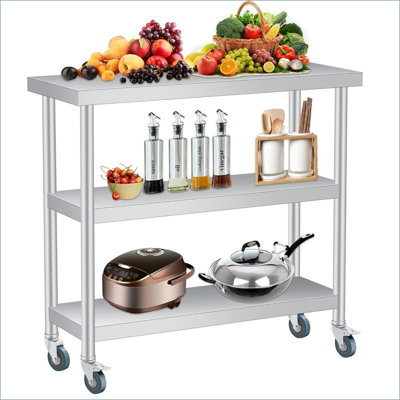 Stainless Steel Table,3-Tier Metal Prep Table with Undershelf & Gloves, Commercial Kitchen Utility Workstation for Restaurant, Hotel, Laundry, Garage, Indoor, Outdoor, BBQ