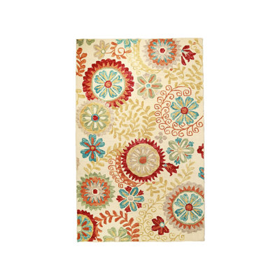 Floral Machine Woven Wool Area Rug in Red/Yellow/Turquoise -  Bungalow Rose, 1D8C290A00024528AE8BC49CBC40F5B1