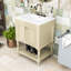 Meuble-lavabo moderne avec lavabo en céramique, armoire de rangement et tablette ouverte-412992586