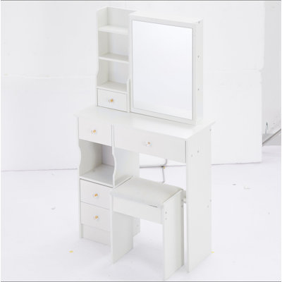 Petite coiffeuse 29,2 po avec tabouret de bureau à gauche et tabouret rembourré, très grand miroir coulissant à droite, rangement multicouche à grande capacité, commode pratique et pratique, convient aux petits espaces