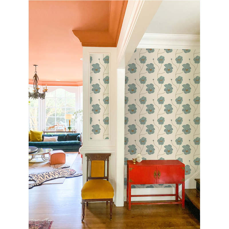 Natalie Papier Floral Wallpaper Roll, Teal/Gray