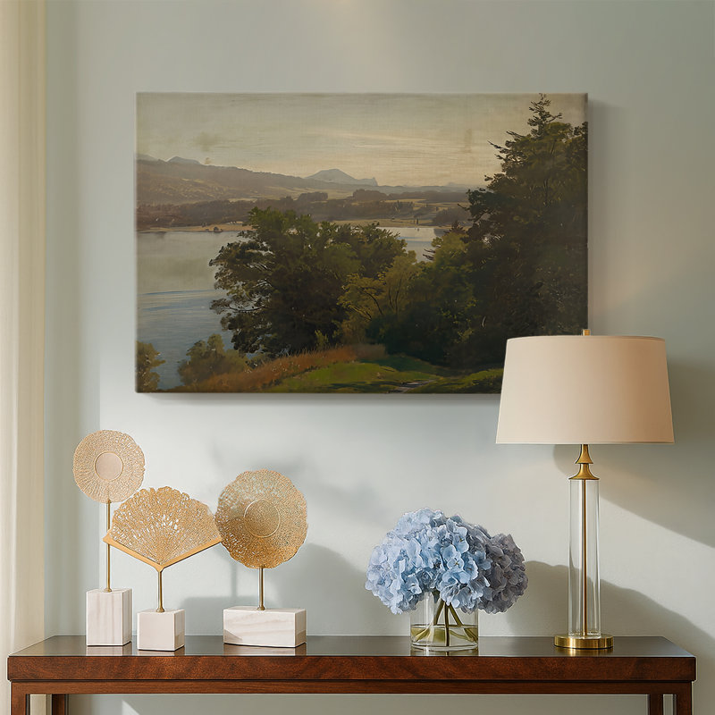 Paysage boisé avec une toile tendue sur toile Lake-Hans Gude-c. Milieu du 19e siècle, 24 x 36