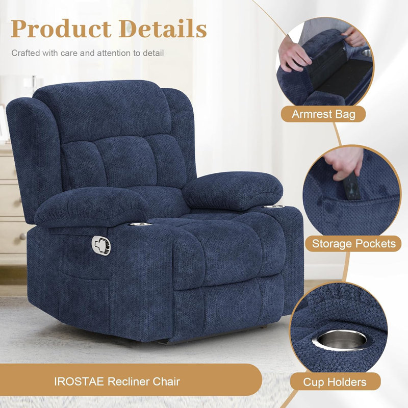 Recliner Chair for Adults, Oversized Fabric Manual Pull Tab Reclining Chair with Cup Holders, Minimalist Style Single Sofa for Living Room, RV