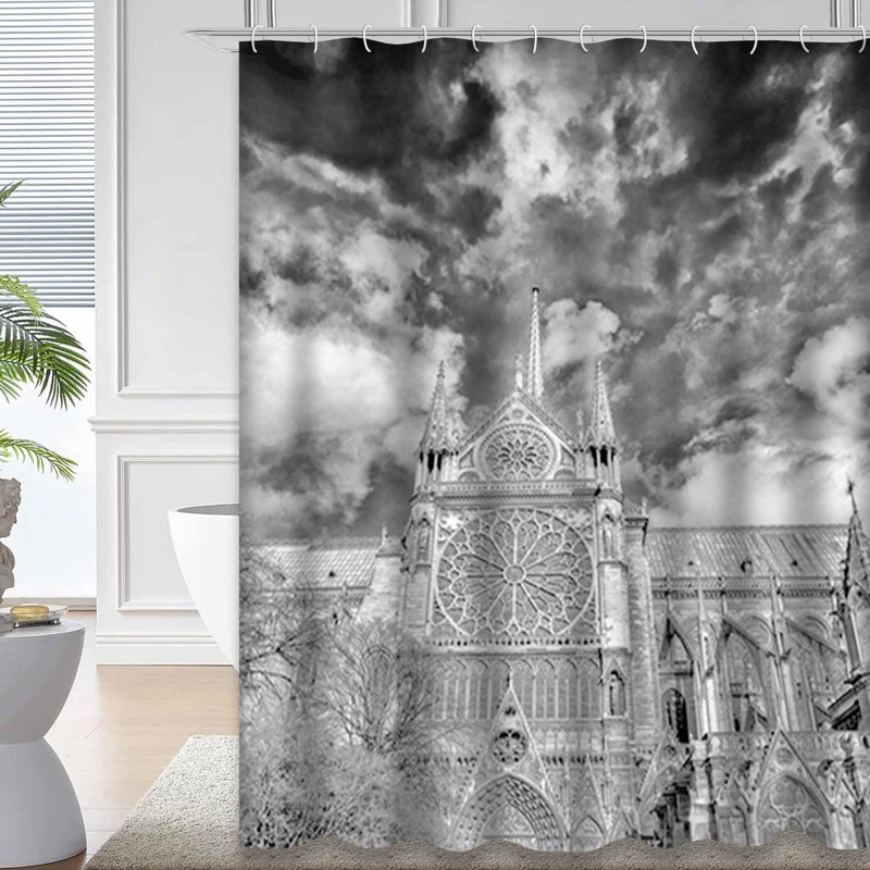 Rideau de douche cathédrale noir et blanc avec 12 crochets, L 72 po x l 84 po