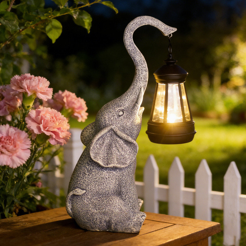 Statue de jardin d'éléphant solaire 11 po avec lanterne: sculpture de patio pour l'extérieur - cadeaux pour maman