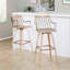 Tabouret de bar à hauteur fixe avec pivot en bois blanchi et métal cuivre antique avec repose-pieds carré en métal cuivre antique