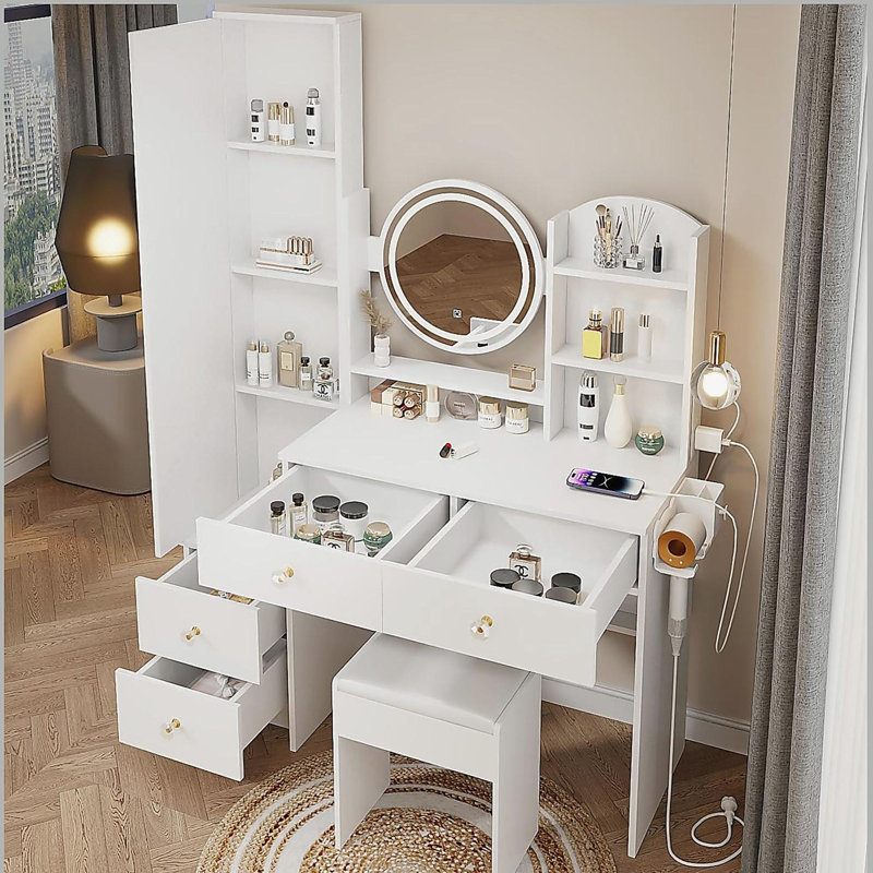 Armoire à miroir pleine grandeur + coiffeuse à miroir rond à DEL + tabouret rembourré, avec 2 centrales électriques + 2 centrales USB, miroir à DEL de 17 po de diamètre, commande tactile, 3 couleurs, luminosité réglable, grand bureau