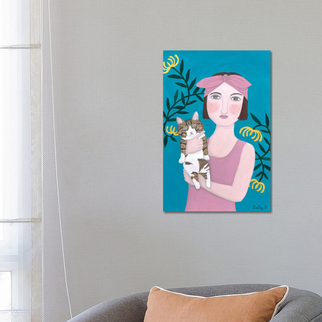 Woman In Pink Dress With Cat von Sally B - Galerie-verpackte Leinwand Giclée